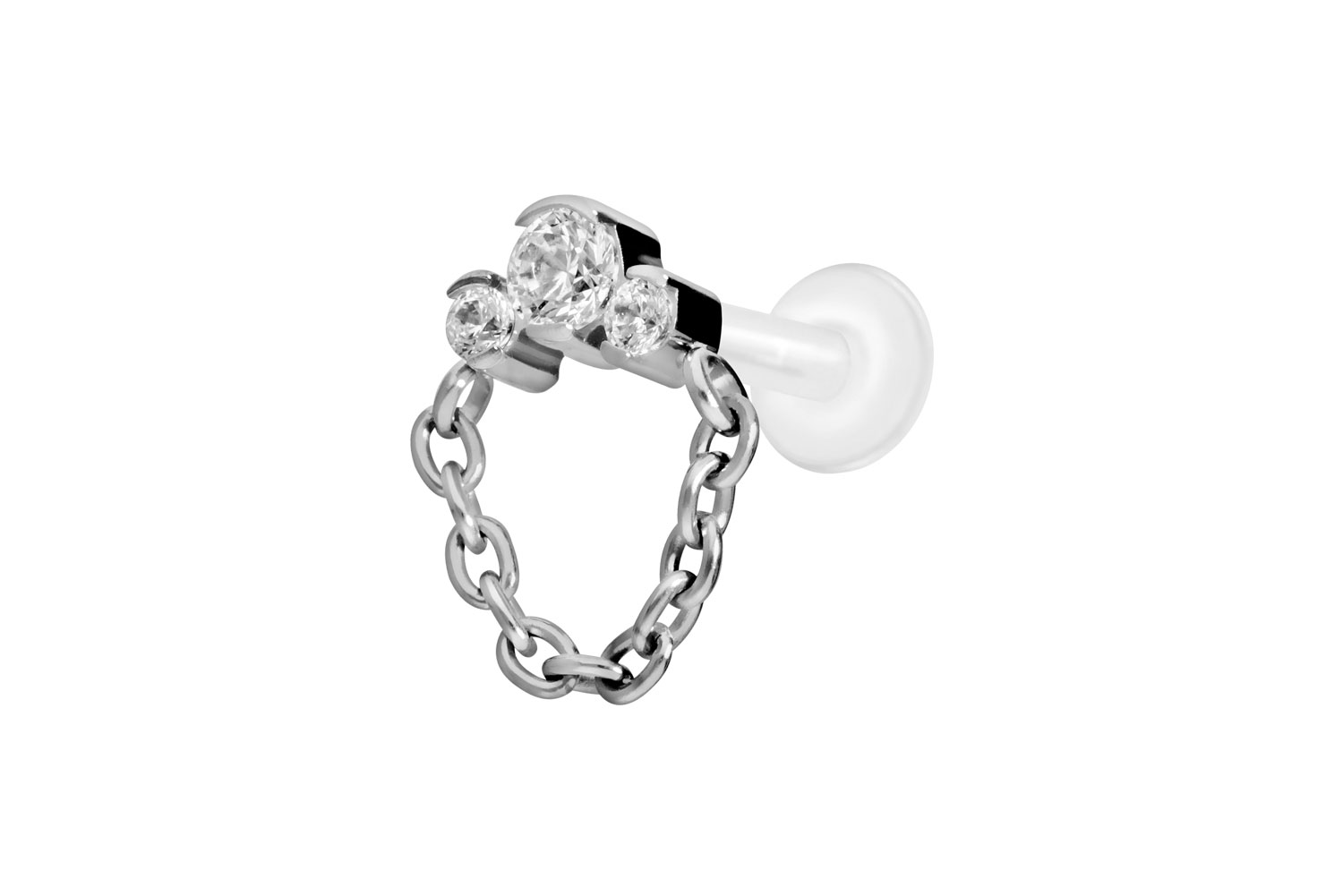 PTFE Labret Piercing mit Innengewinde + Titan-Aufsatz 3 EINGEFASSTE KRISTALLE + KETTE